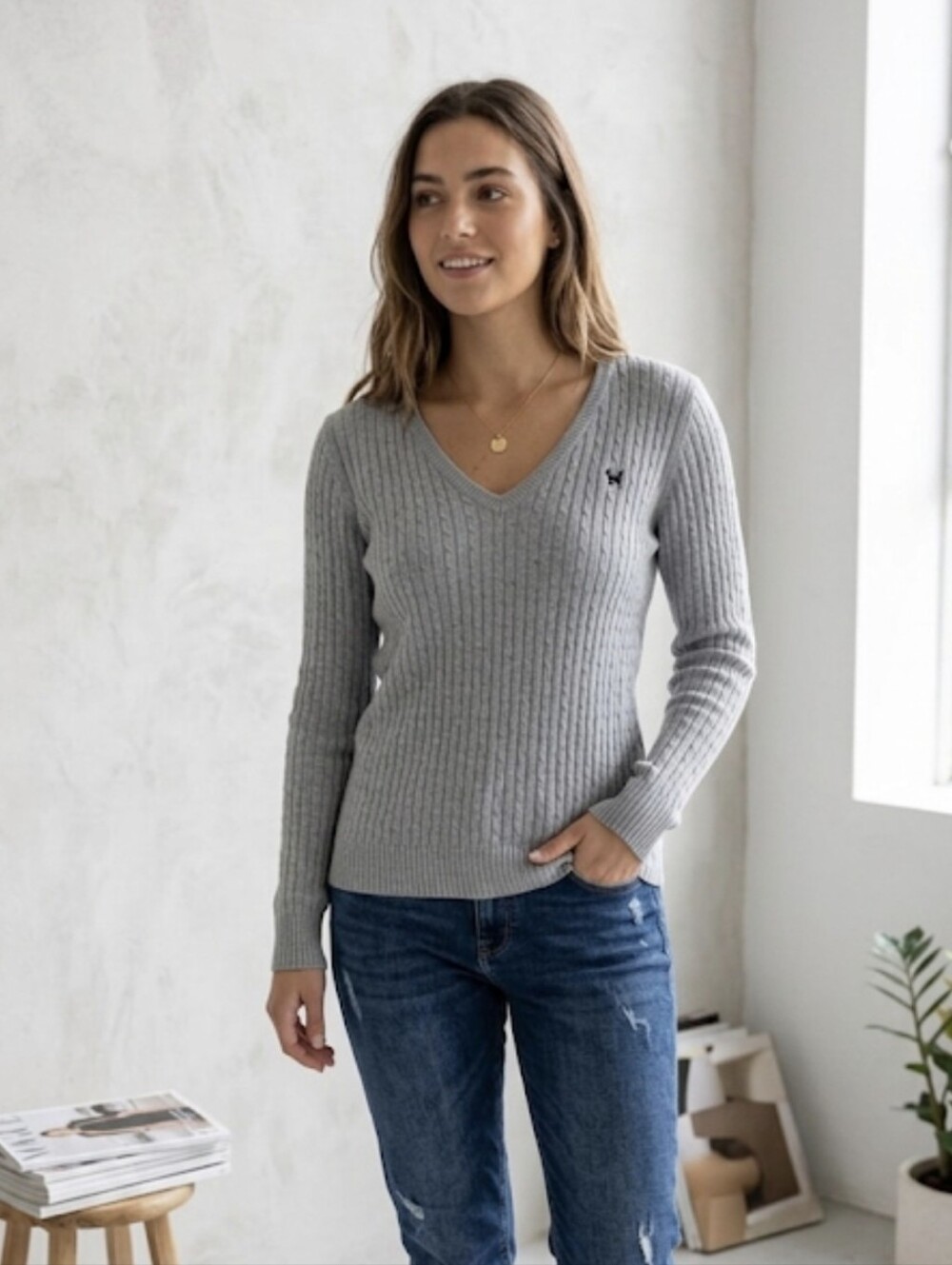 Vintage Old Navy Heather Grey Cable Knit V-Neck Cotton Sweater | XL